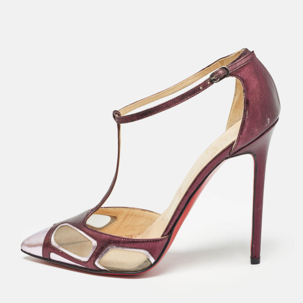 luxury-women-christian-louboutin-used-shoes-p980427-003 Christian Louboutin Metallic Purple Leather and Mesh T-Strap Pumps Size 37.5