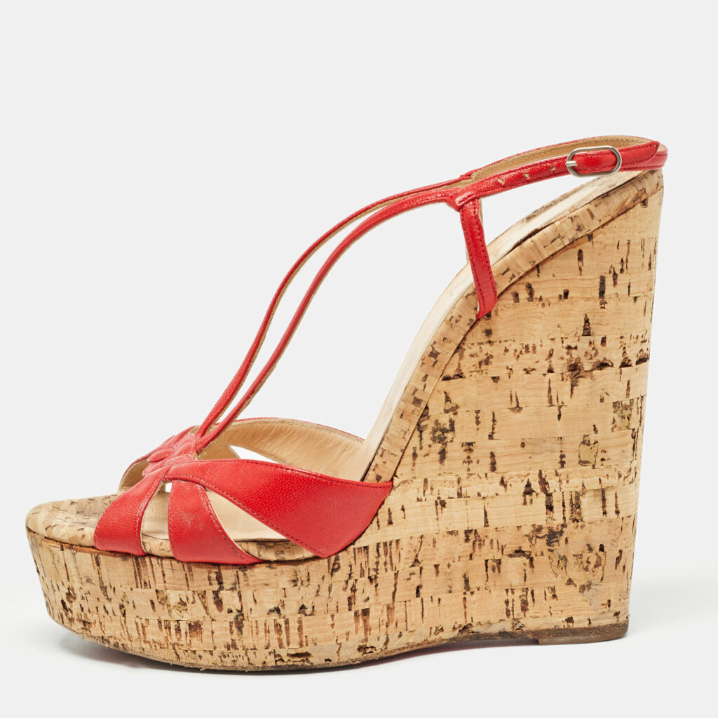 luxury-women-christian-louboutin-used-shoes-p996350-001 Christian Louboutin Red Leather Strappy Cork Wedge Sandals Size 38.5
