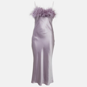 Cinq &agrave; Sept Purple Satin Silk Ostrich Feather Detail Cerise Slip Dress M