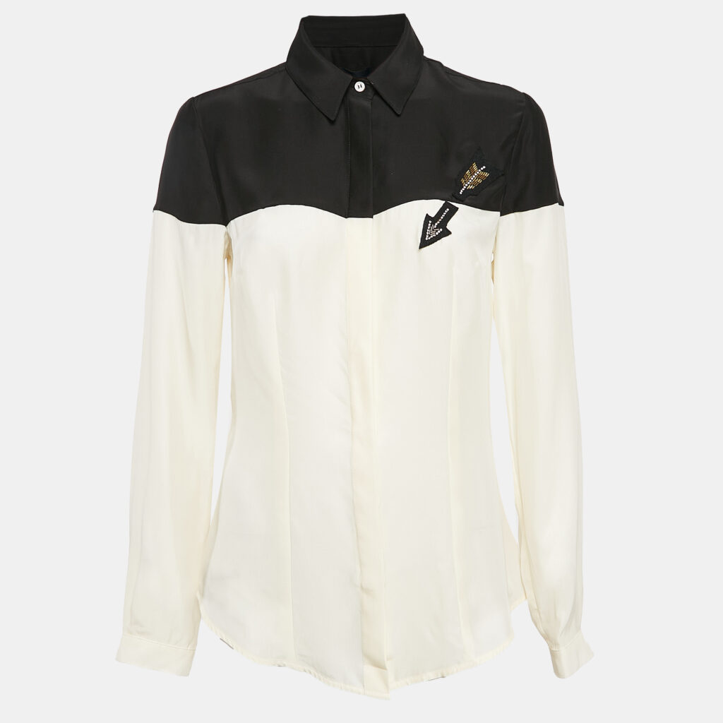 Class by Roberto Cavalli Black/Cream Sateen Silk Embellished Arrow Shirt M