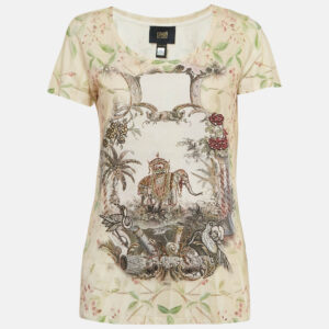 Class by Roberto Cavalli Beige Printed Jersey Beads Embellished T-Shirt M