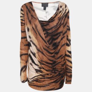 Class by Roberto Cavalli Beige Animal Print Knit Draped Top M