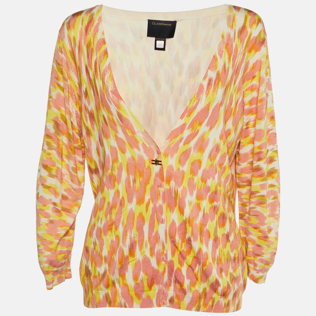 luxury-women-class-by-roberto-cavalli-used-clothes-p1145658-003 Class by Roberto Cavalli Coral Pink Printed Silk Knit Cardigan XL