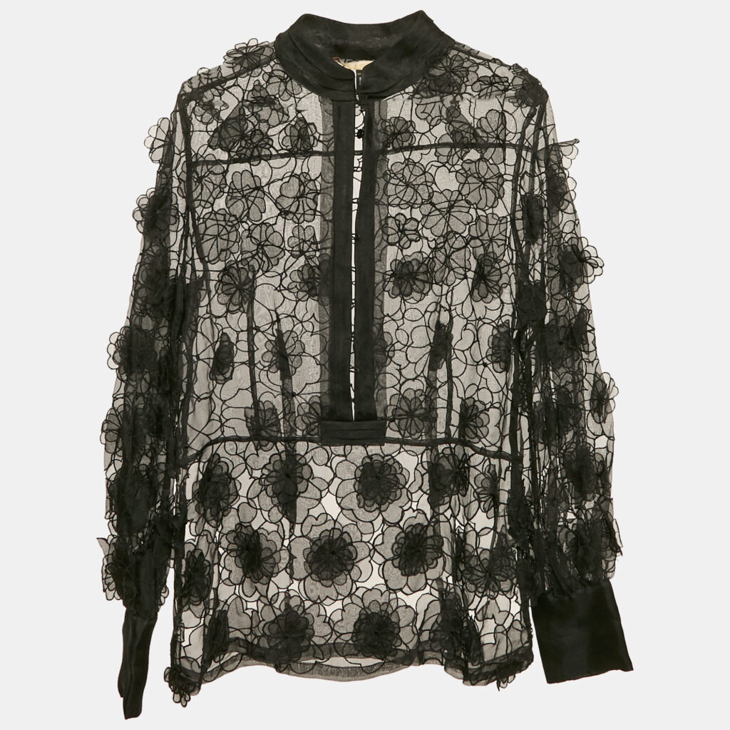 luxury-women-class-by-roberto-cavalli-used-clothes-p1154385-001 Class by Roberto Cavalli Black Organza Floral Applique and Cut-Out Sheer Blouse M