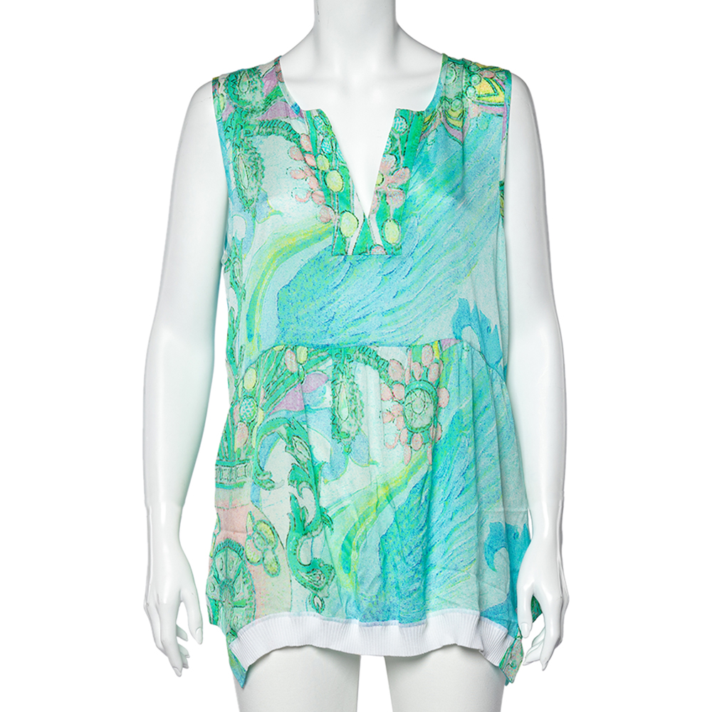 luxury-women-class-by-roberto-cavalli-used-clothes-p518923-002-2 Class by Roberto Cavalli Blue Printed Silk Rib Knit Trim Detailed Top L