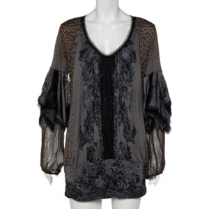 Class by Roberto Cavalli Grey Printed Jersey Overlay Sleeve Detailed Top L