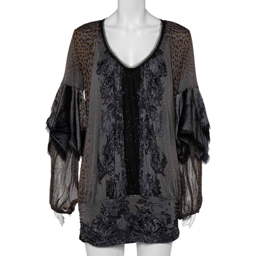 luxury-women-class-by-roberto-cavalli-used-clothes-p519052-005-2 Class by Roberto Cavalli Grey Printed Jersey Overlay Sleeve Detailed Top L