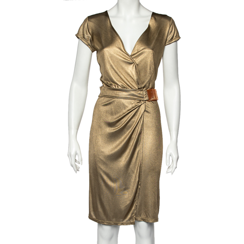 luxury-women-class-by-roberto-cavalli-used-clothes-p525364-004-2 Class by Roberto Cavalli Gold Metallic Belt Detail Faux Wrap Dress M