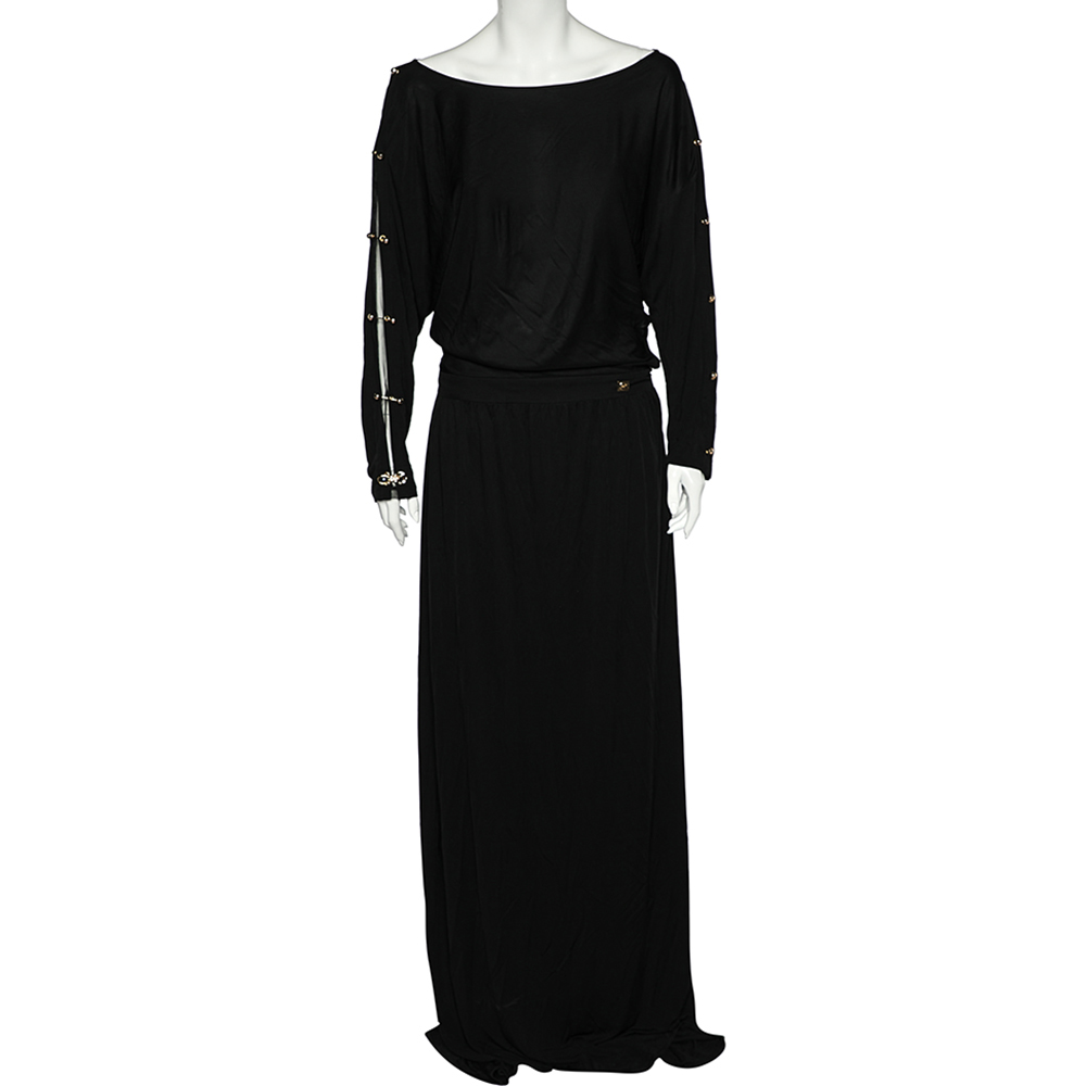 luxury-women-class-by-roberto-cavalli-used-clothes-p541656-001-2 Class by Roberto Cavalli Black Jersey Metal Link Detail Maxi Dress L