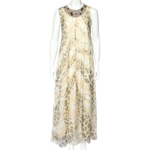 Class by Roberto Cavalli Beige Printed Silk Chiffon Embellished Neck Detail Sleeveless Dress M