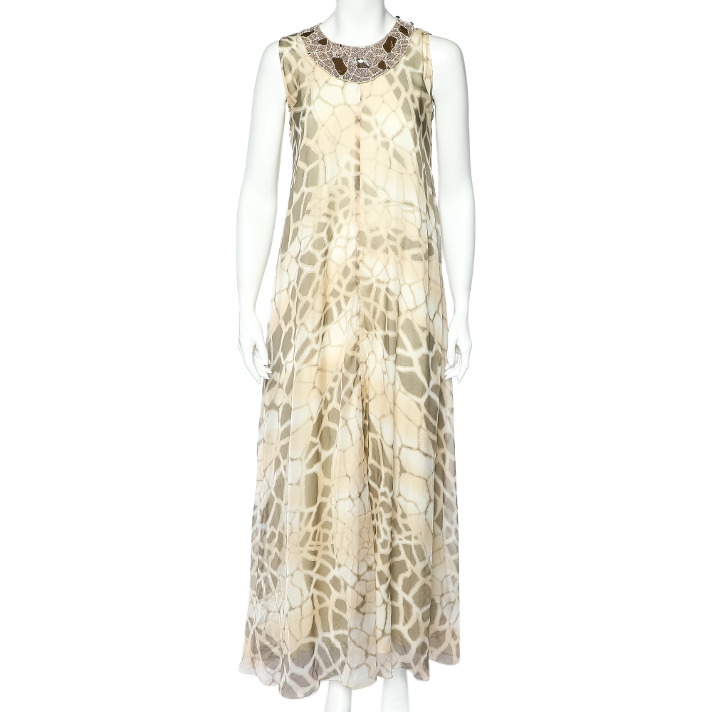 luxury-women-class-by-roberto-cavalli-used-clothes-p542707-003-2 Class by Roberto Cavalli Beige Printed Silk Chiffon Embellished Neck Detail Sleeveless Dress M