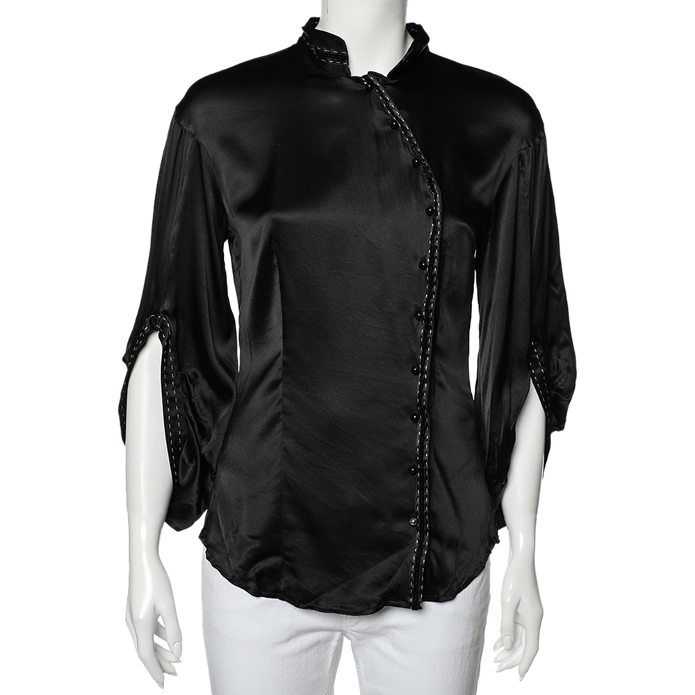 luxury-women-class-by-roberto-cavalli-used-clothes-p564376-005-1 Class by Roberto Cavalli Black Silk Satin Button Front Top M