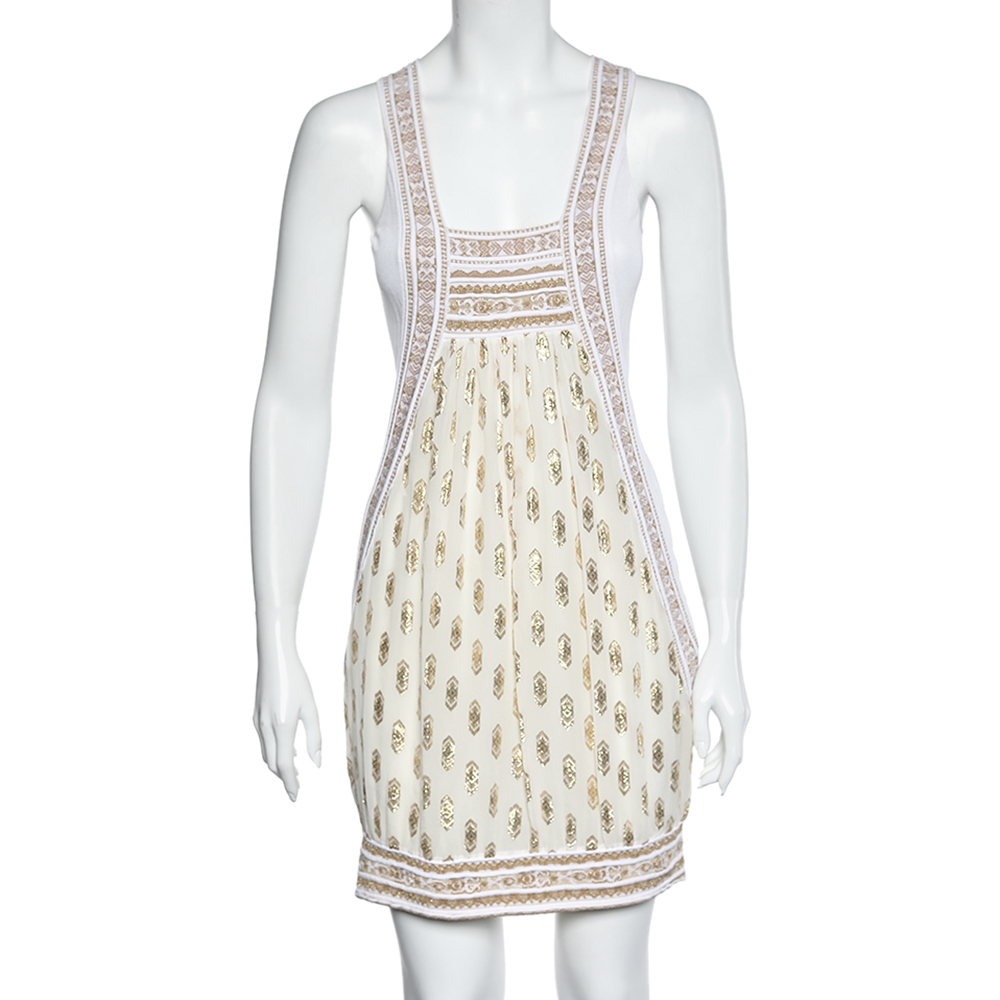 Class by Roberto Cavalli White & Gold Jacquard Sleeveless Mini Dress M