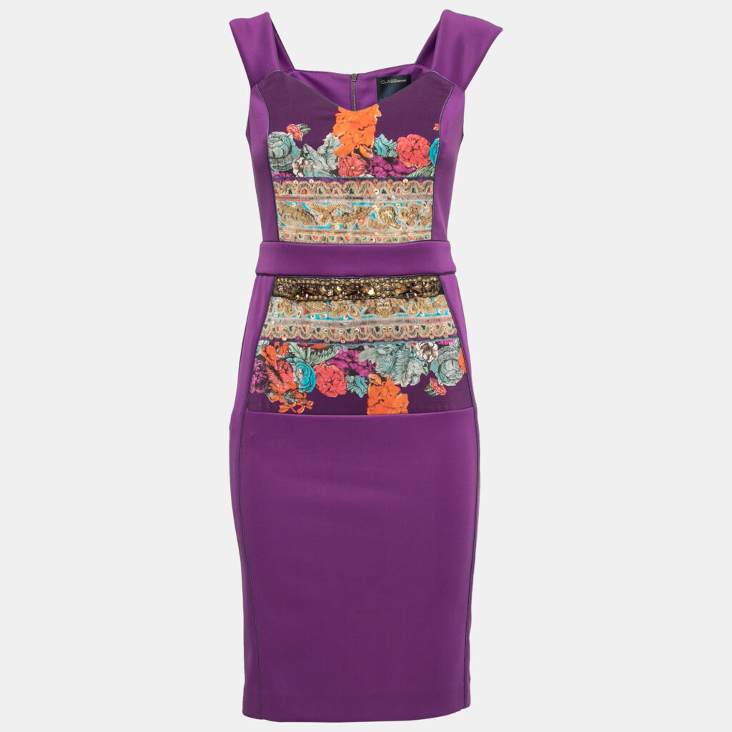 luxury-women-class-by-roberto-cavalli-used-clothes-p798593-005 Class by Roberto Cavalli Purple Jersey Floral Applique Beaded Bodycon Dress M