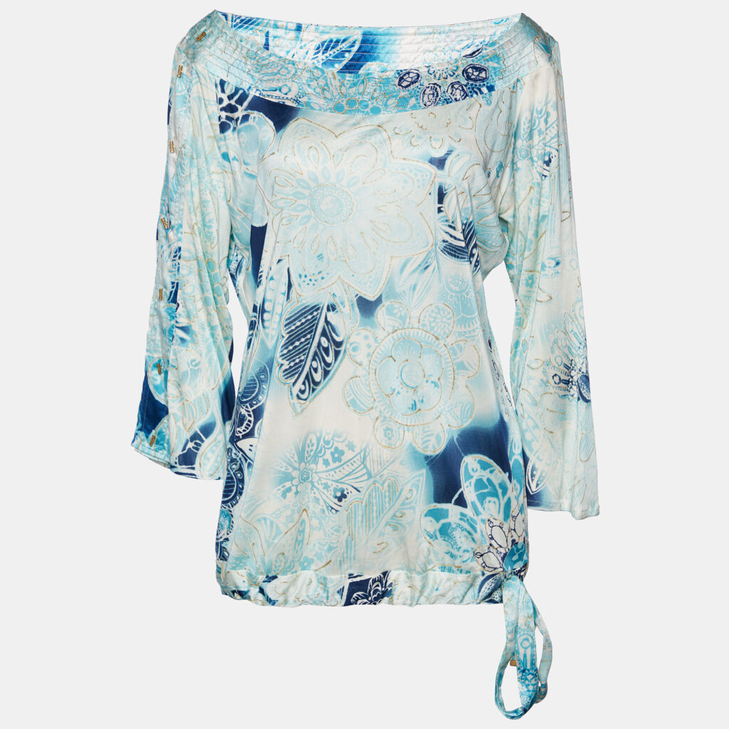 luxury-women-class-by-roberto-cavalli-used-clothes-p807369-001 Class by Roberto Cavalli Blue Printed jersey Waist Tie Detail Top L