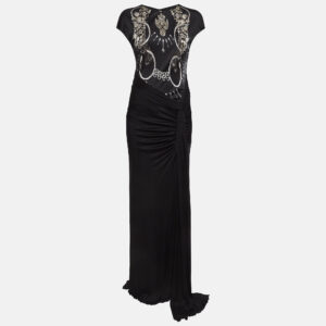 Class by Roberto Cavalli Black Printed Jersey Ruched Sleeveless Maxi Dress M