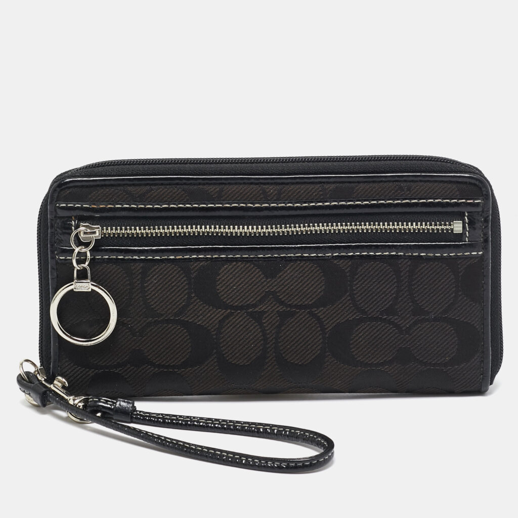 luxury-women-coach-used-handbags-p1079214-001 Coach Black Signature Canvas and Patent Leather Wristlet Wallet