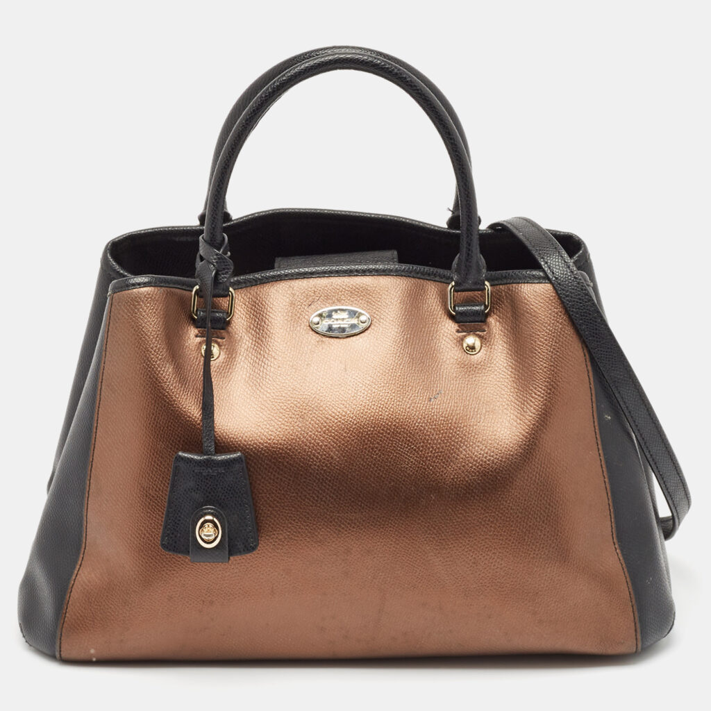 luxury-women-coach-used-handbags-p1081234-015 Coach Metallic/Black Leather Margot Carryall Satchel