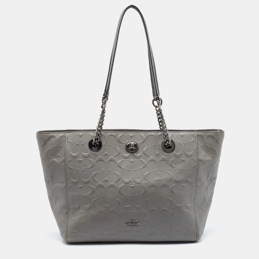 luxury-women-coach-used-handbags-p1092925-010 Coach Grey Signature Embossed Leather Turnlock Chain Tote