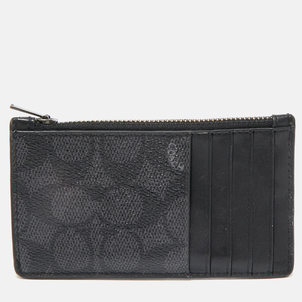 Coach Black Signature Coated Canvas and Leather Zip Card Case