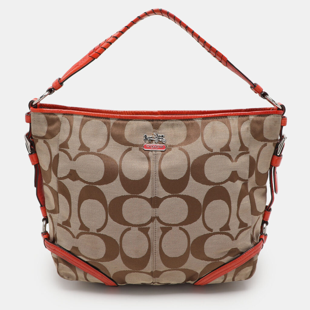 luxury-women-coach-used-handbags-p1102187-001 Coach Beige/Orange Signature Canvas and Patent Leather Katarina Hobo