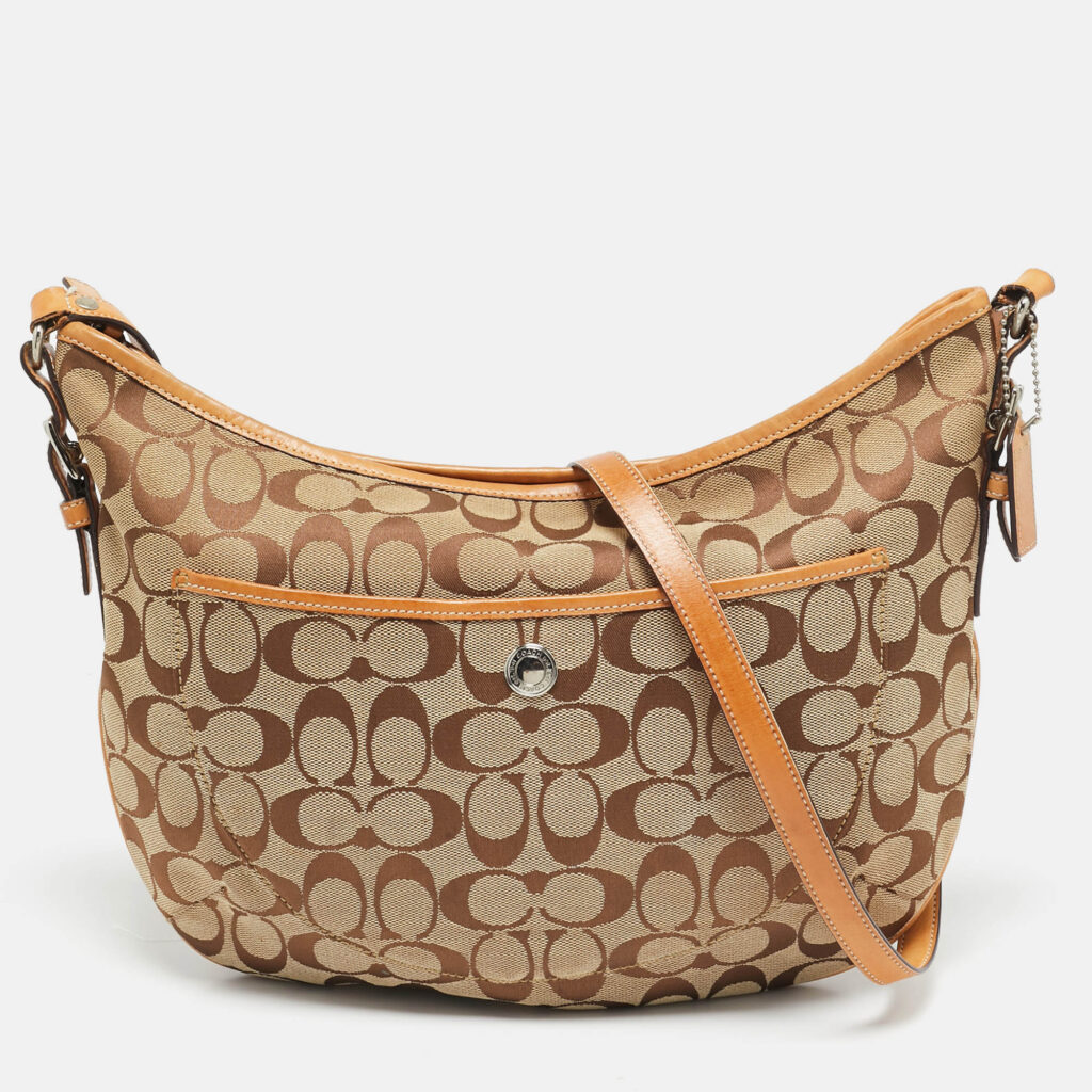 luxury-women-coach-used-handbags-p1135104-013 Coach Beige Signature Canvas and Leather Front Pocket Crossbody Bag