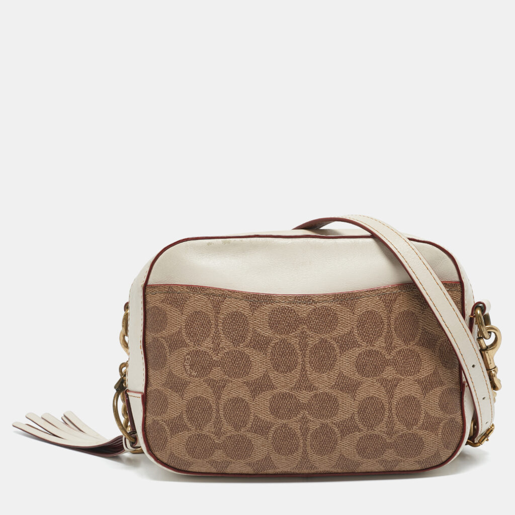 Coach White/Brown Signature Coated Canvas Camera Crossbody Bag