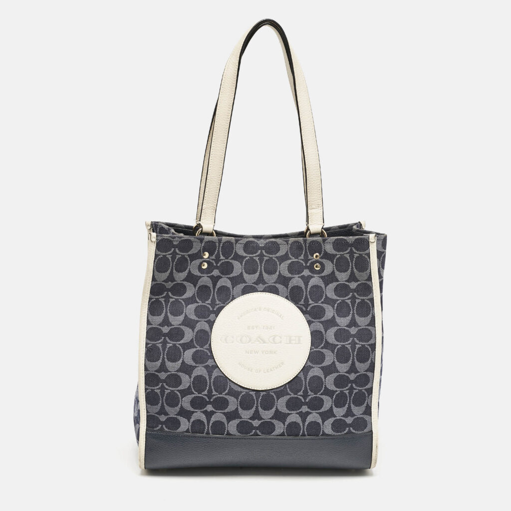 luxury-women-coach-used-handbags-p1139004-019 Coach Blue/White Signature Denim and Leather Dempsey Tote