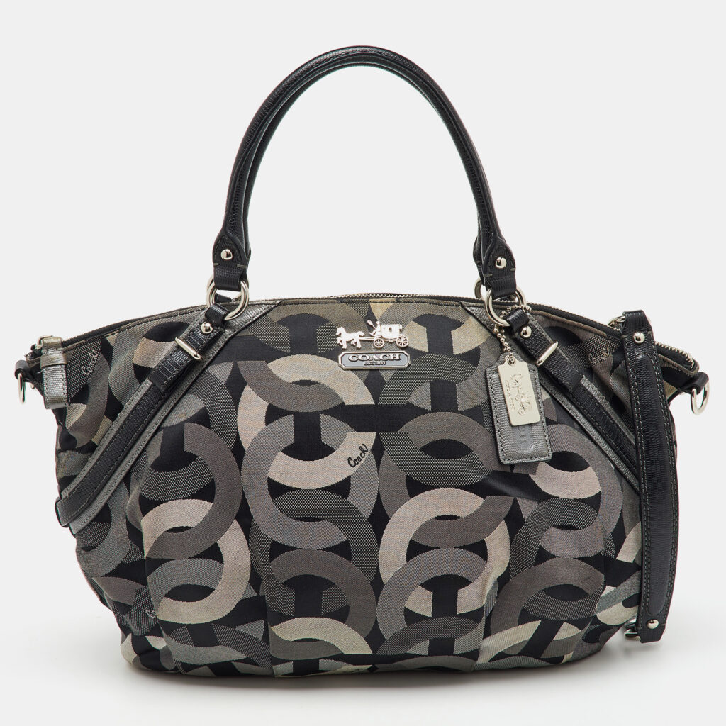 luxury-women-coach-used-handbags-p1148018-011.jpg Coach Grey/Black Op Art Canvas and Leather Madison Satchel