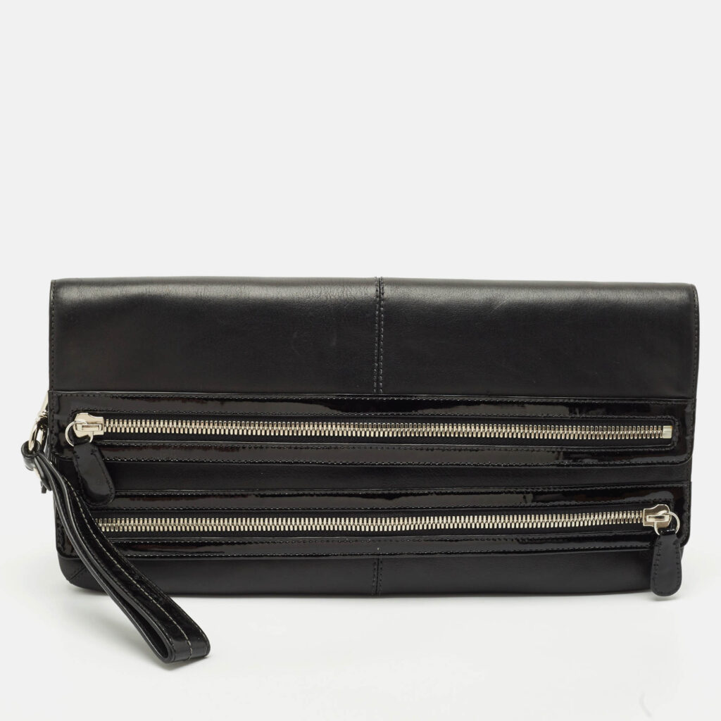luxury-women-coach-used-handbags-p1148547-014 Coach Black Leather and Patent Leather Double Zip Long Clutch