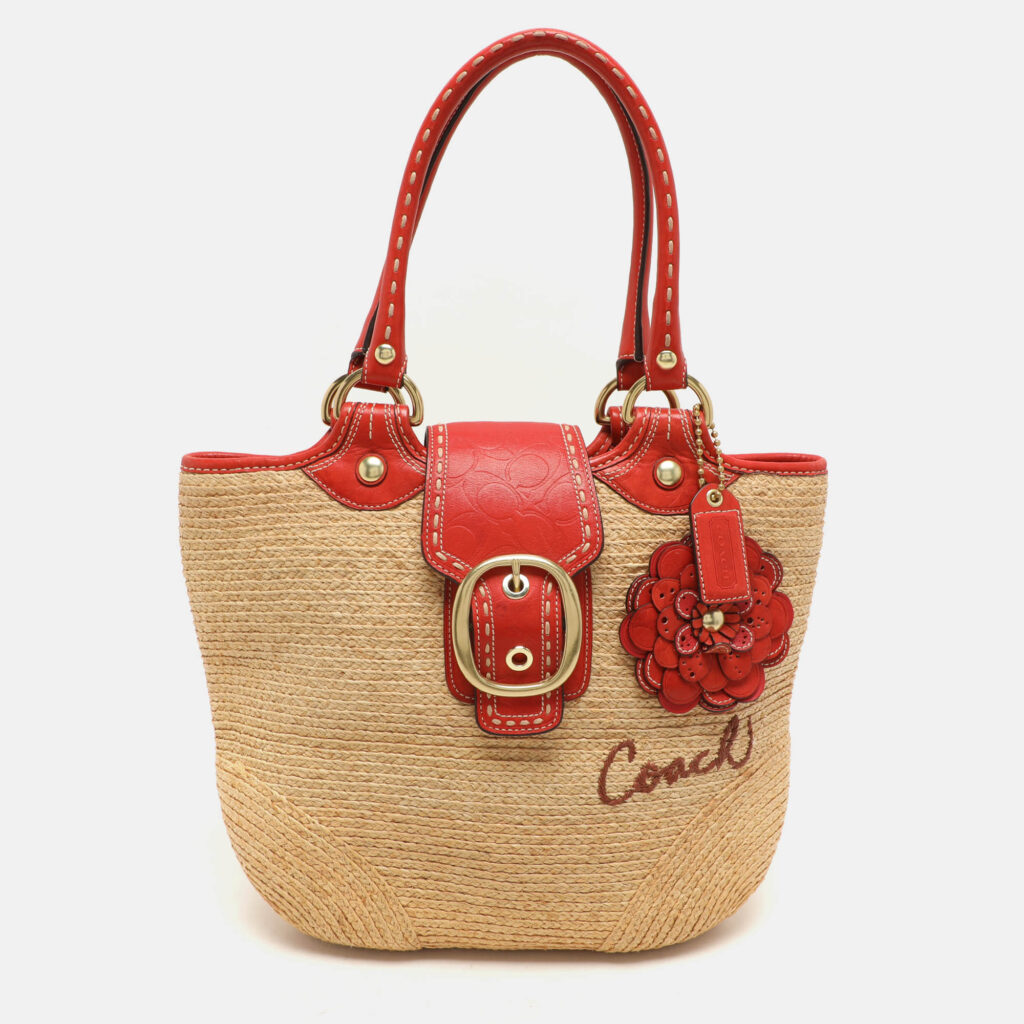 luxury-women-coach-used-handbags-p1156073-019 Coach Beige/Burnt Orange Raffia and Leather Buckle Flap Tote