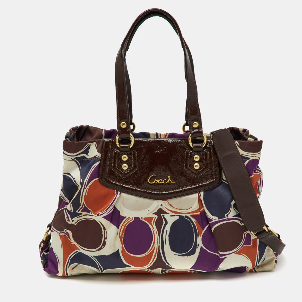 luxury-women-coach-used-handbags-p1159708-005 Coach Multicolor Ashley Logo Scarf Print Satin and Patent Leather Tote