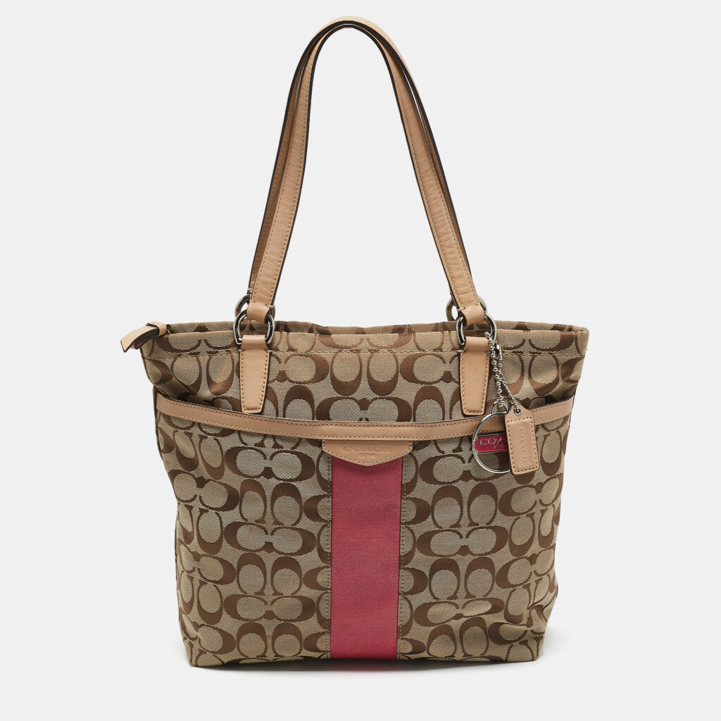 luxury-women-coach-used-handbags-p1160388-005 Coach Beige Signature Canvas and Leather Top Zip Tote