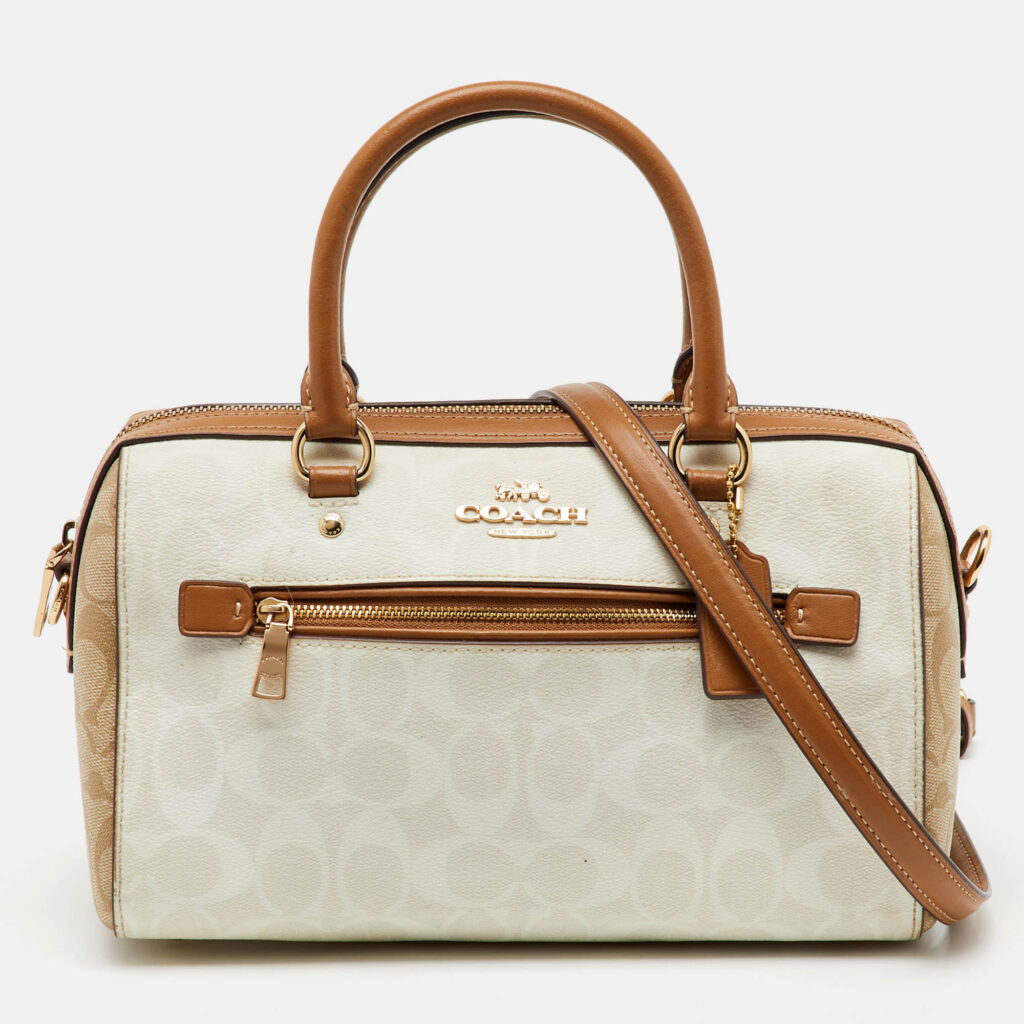 luxury-women-coach-used-handbags-p1164561-015 Coach Off White/Brown Signature Coated Canvas and Leather Rowan Boston Bag