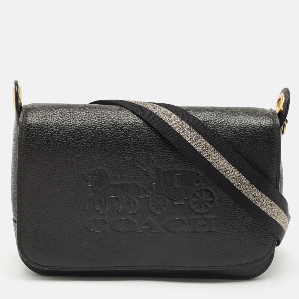 luxury-women-coach-used-handbags-p1170294-013 Coach Black Leather Logo Embossed Jes Flap Messenger Bag