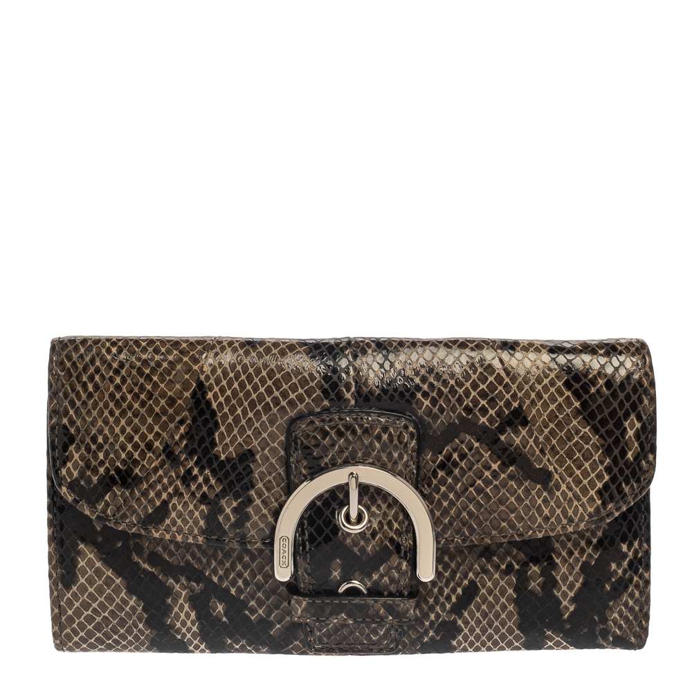 luxury-women-coach-used-handbags-p380221-009 Coach Brown/Black Python Embossed Leather Soho Continental Wallet