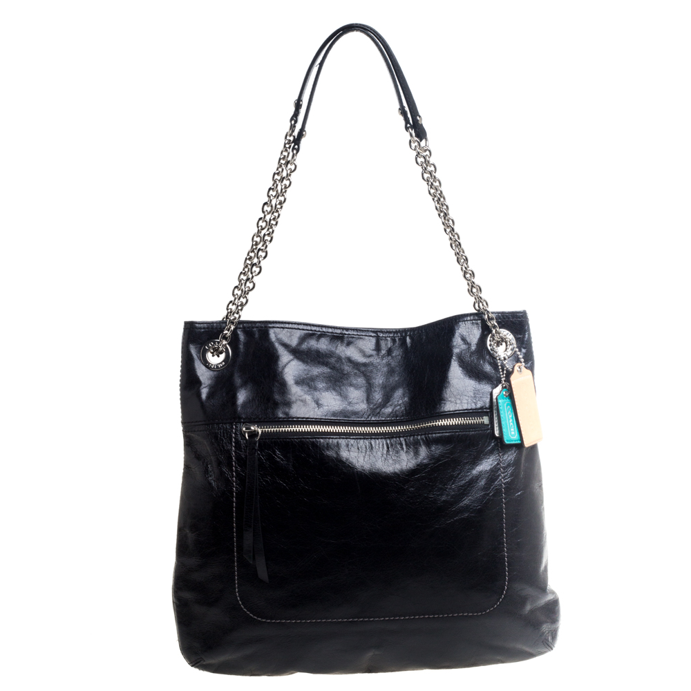 luxury-women-coach-used-handbags-p387000-008 Coach Black Crackled Leather Chain Tote