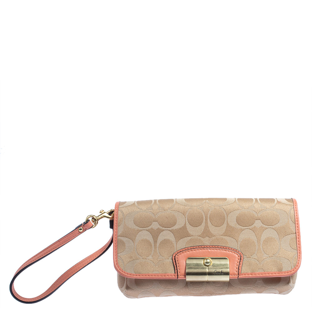 luxury-women-coach-used-handbags-p426240-001 Coach Beige/Orange Signature Canvas and Leather Wristlet Clutch