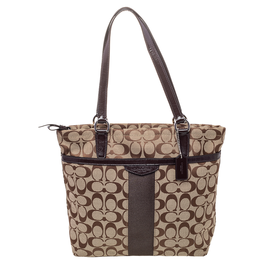 luxury-women-coach-used-handbags-p470876-009 Coach Brown /Beige Canvas And Patent Leather Top Zip Tote