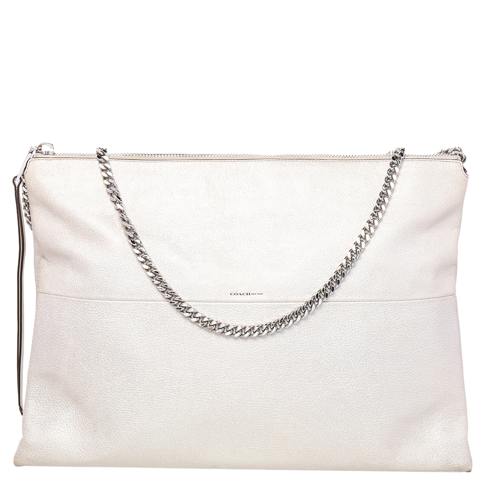 luxury-women-coach-used-handbags-p470925-009 Coach Metallic Cream Leather High Rise Shoulder Bag