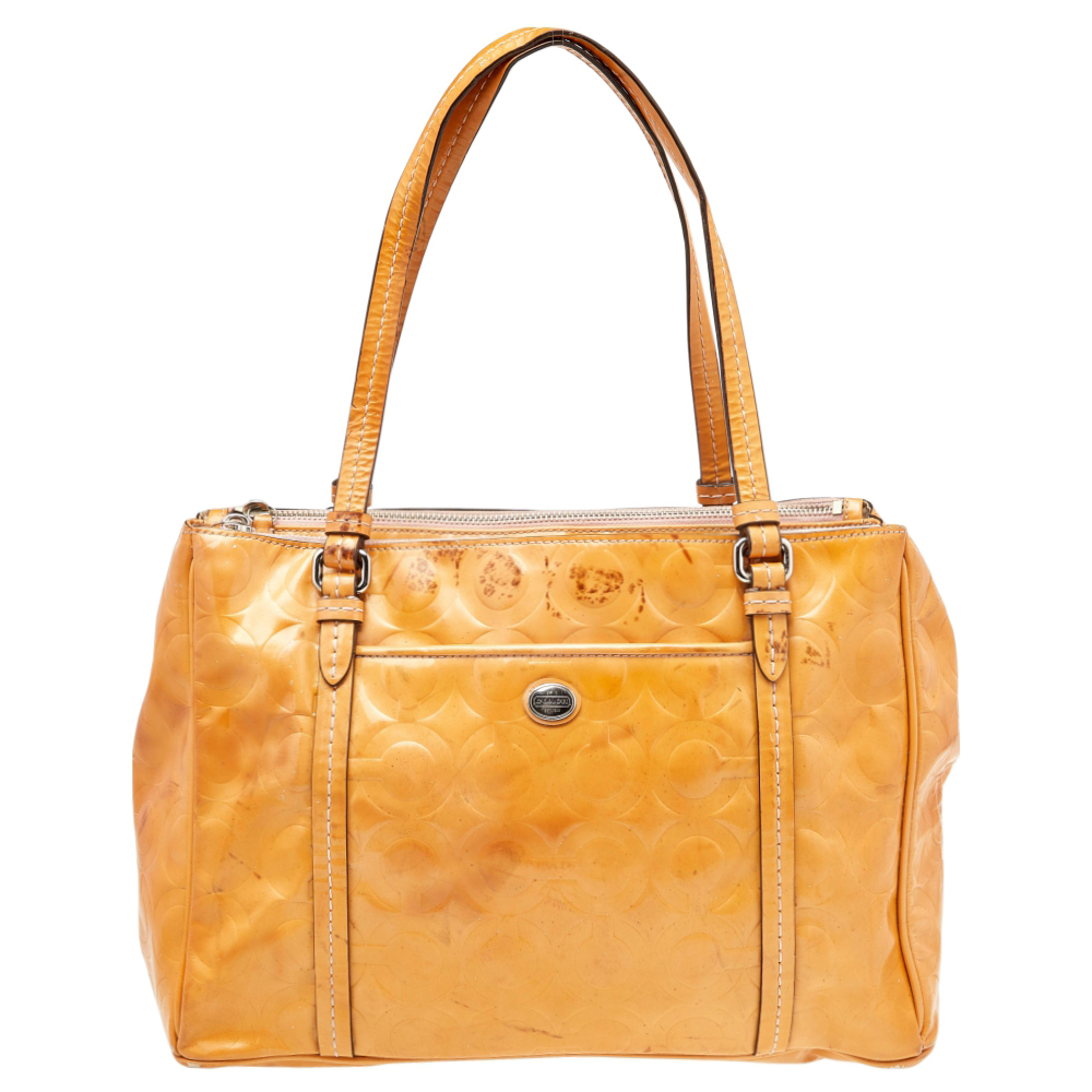 luxury-women-coach-used-handbags-p504998-012-2 Coach Tan Patent Leather Peyton Op Art Double Zip Satchel