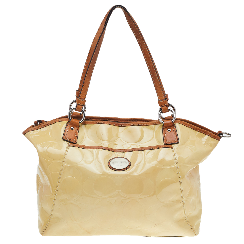 luxury-women-coach-used-handbags-p509171-011-2 Coach Cream Signature Patent Leather Peyton Tote