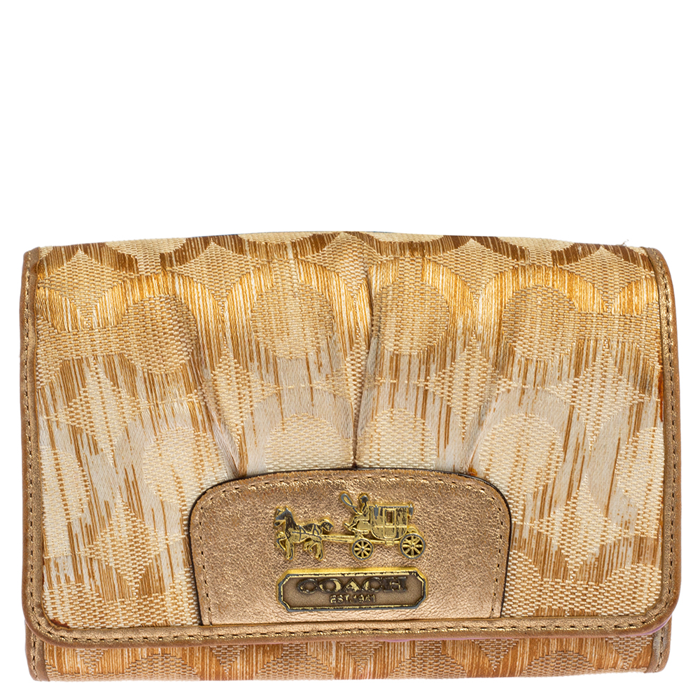 luxury-women-coach-used-handbags-p511888-007-2 Coach Gold Ombre Signature Op Art Canvas And Leather Compact Wallet