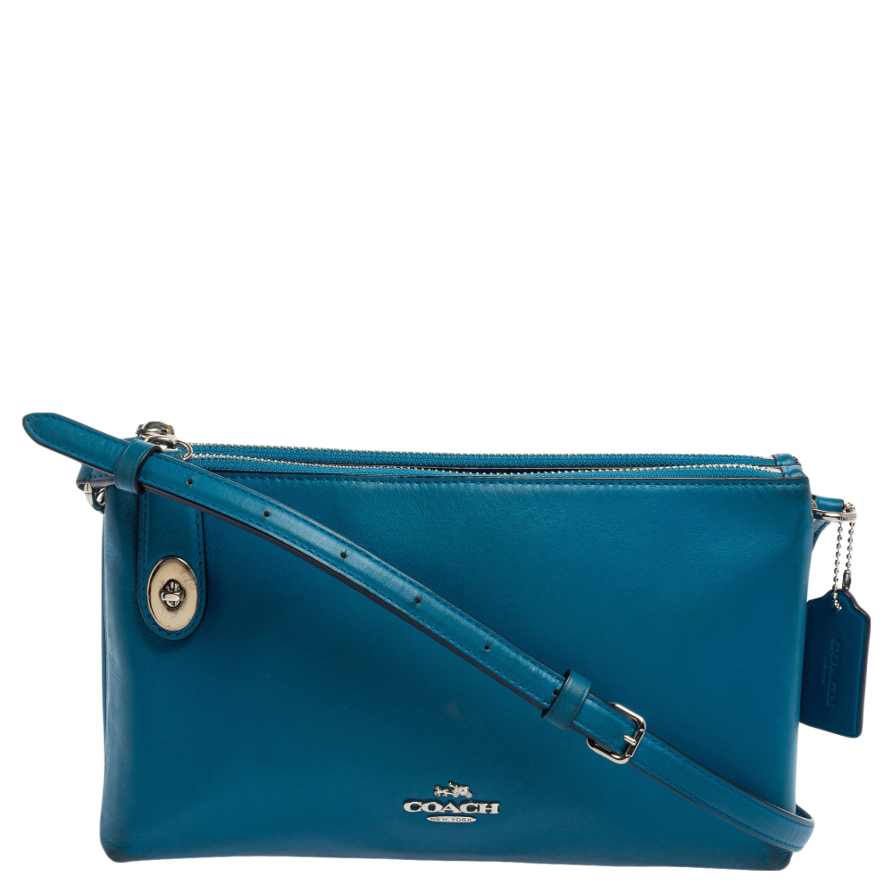 luxury-women-coach-used-handbags-p565148-005-2 Coach Teal Blue Leather Crosby Double Zip Crossbody Bag