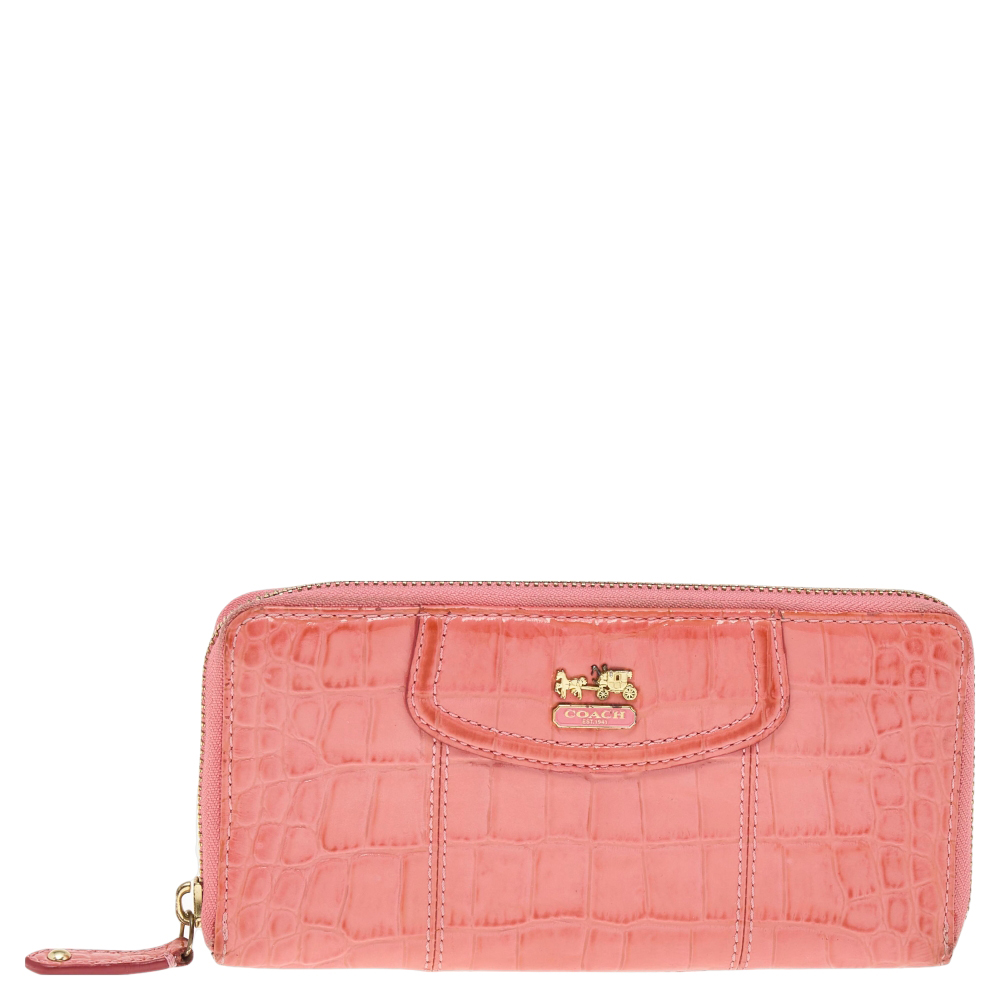 luxury-women-coach-used-handbags-p570580-009-2 Coach Coral Pink Croc Embossed Leather Zip Around Wallet