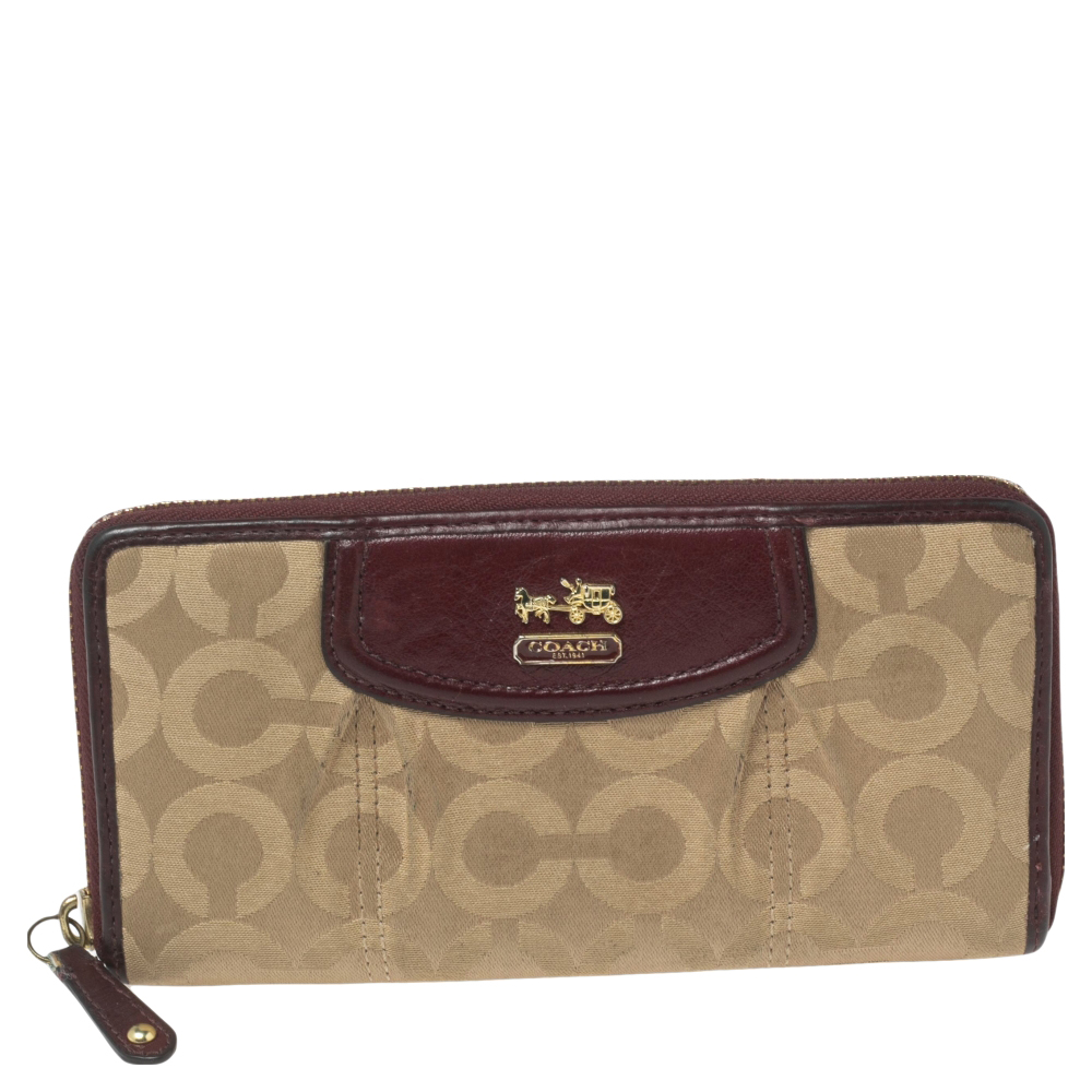luxury-women-coach-used-handbags-p596791-004-1 Coach Burgundy/Brown Op Art Fabric and Leather Madison Continental Wallet