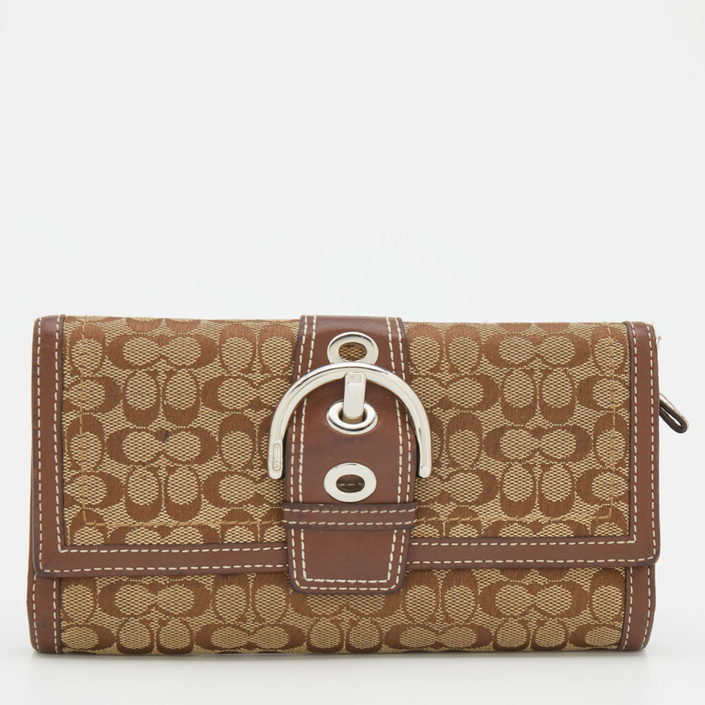 luxury-women-coach-used-handbags-p717597-006 Coach Beige/Brown Signature Canvas and Leather Buckle Detail Continental Wallet
