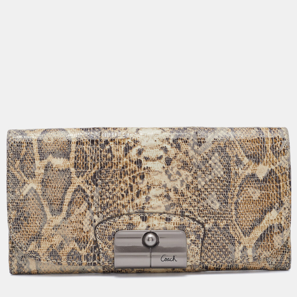 luxury-women-coach-used-handbags-p752342-007 Coach Brown/Beige Python Embossed Leather Flap Continental Wallet