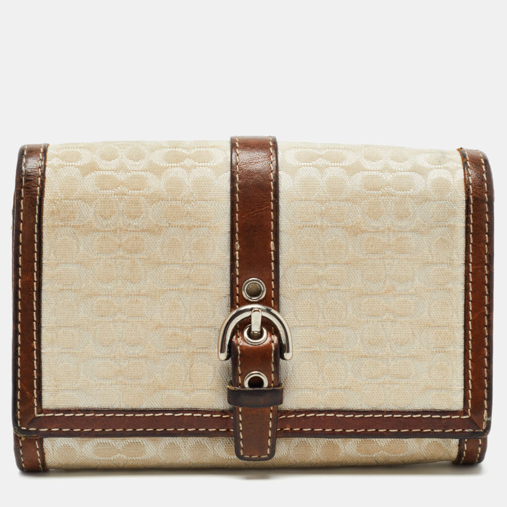 luxury-women-coach-used-handbags-p771490-005 Coach Brown Signature Canvas and Leather Buckle Flap Wallet