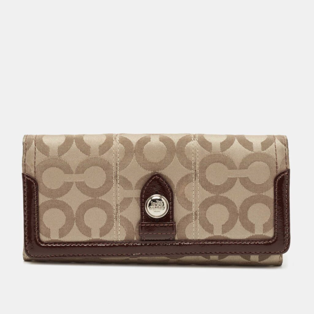 luxury-women-coach-used-handbags-p784062-006 Coach Beige/Brown Signature Canvas and Patent Leather Flap Continental Wallet
